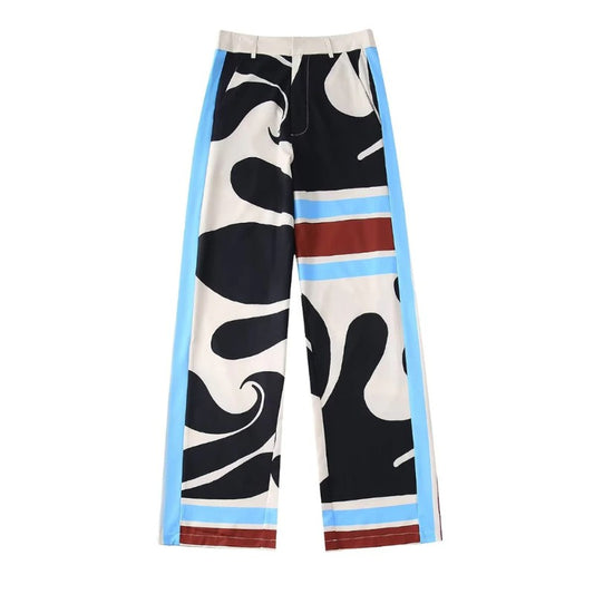 High Waist Front Pockets Printed Straight Pants