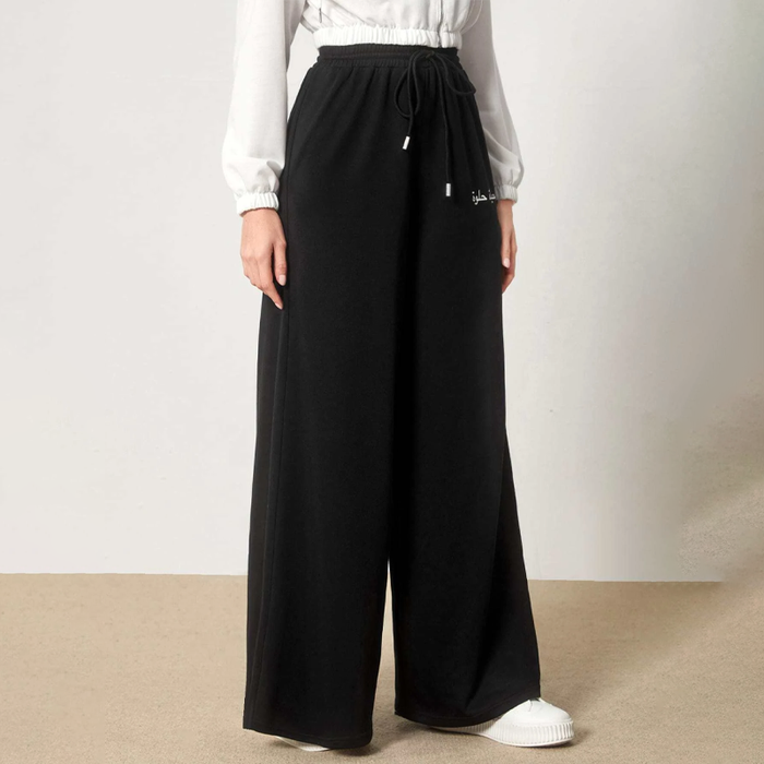 Drawstring Waist Slogan Graphic Wide Leg Pants