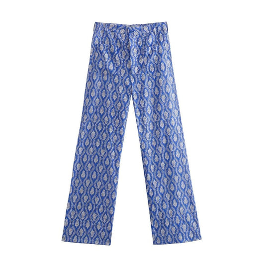 Blue Front Patch Pockets Printed Straight Pants