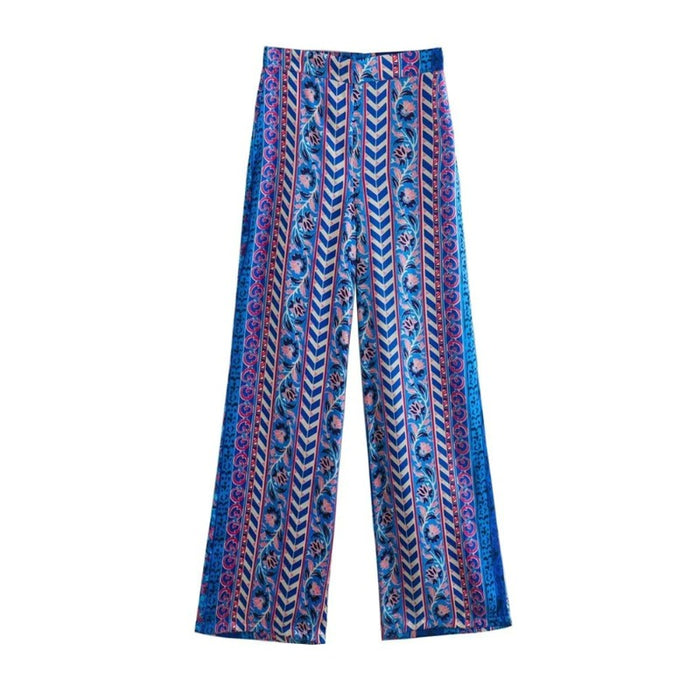 Blue Flowing Printed Wide Leg Pants