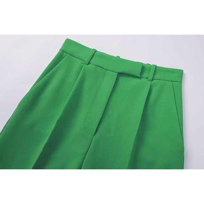 Stylish Green Front Darts Side Pockets Wide Leg Pants