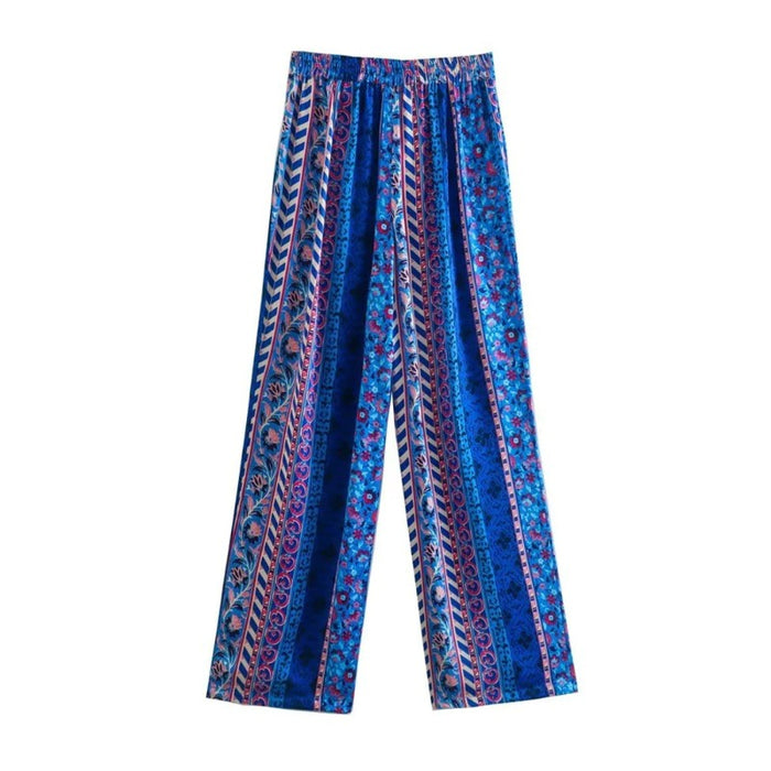 Blue Flowing Printed Wide Leg Pants