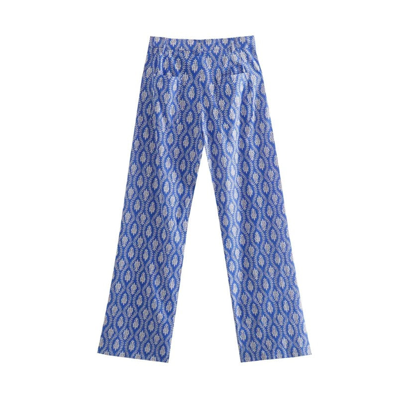 Blue Front Patch Pockets Printed Straight Pants