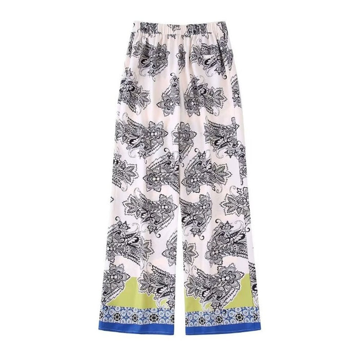 Vintage High Waist Back Elastic Printed Wide Leg Pants