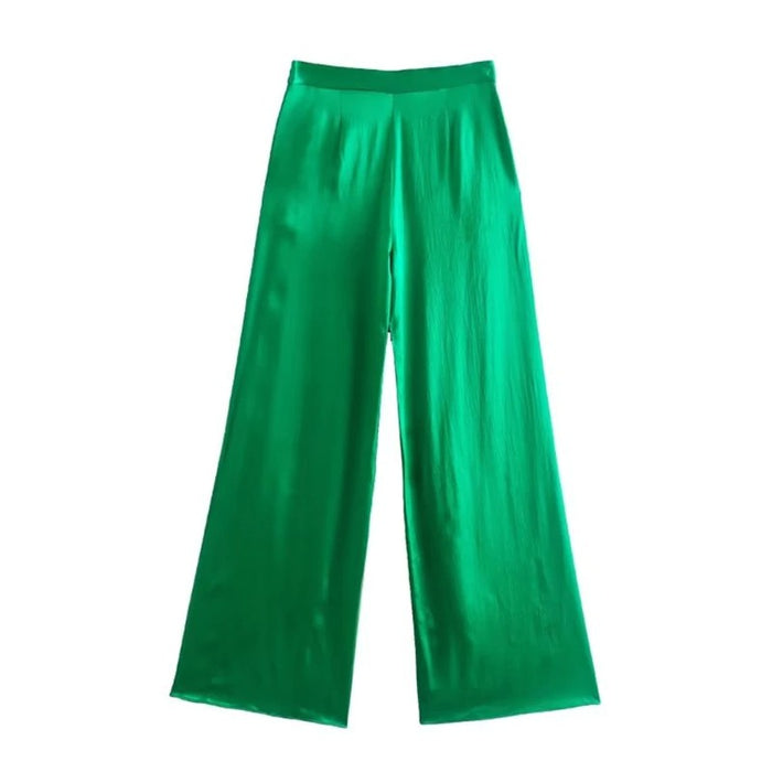 Stylish Green Flowing Satin Straight Pants For Women