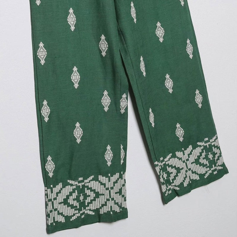 Fashion Green Contrast Embroidery Linen Wide Leg Pants