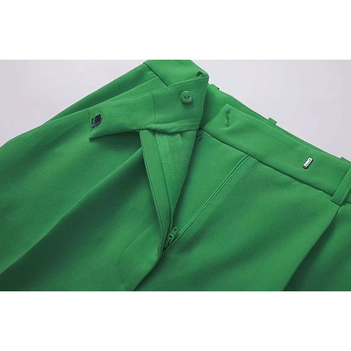 Stylish Green Front Darts Side Pockets Wide Leg Pants