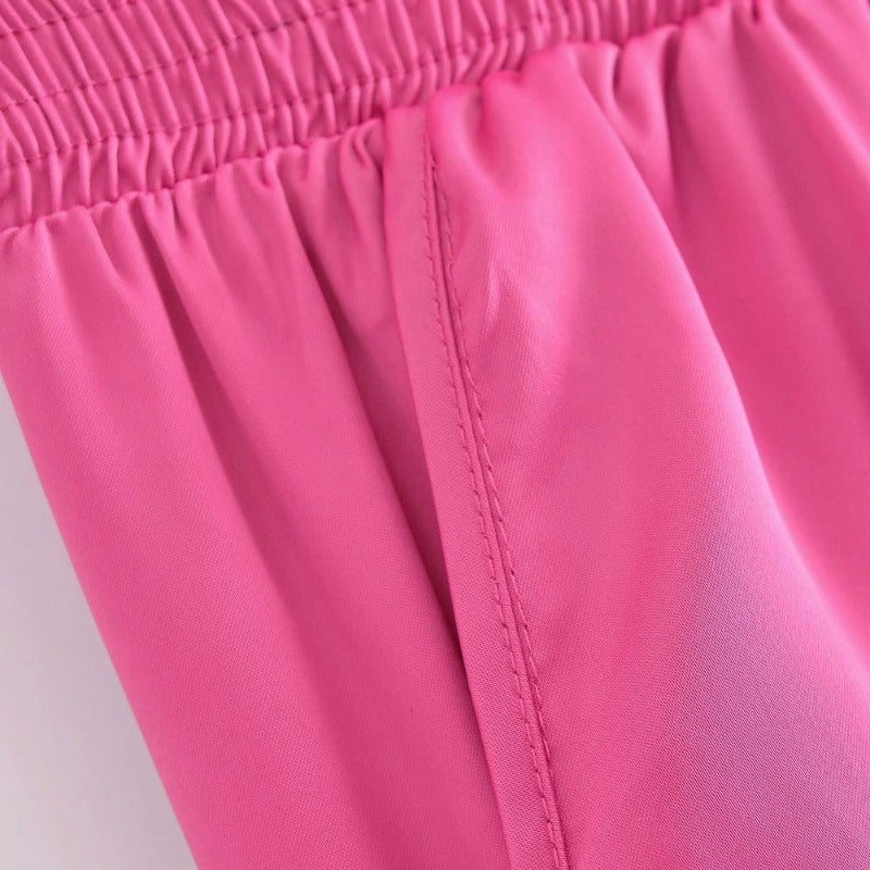 Stylish Pink Side Pockets Satin Slit Hem Pants