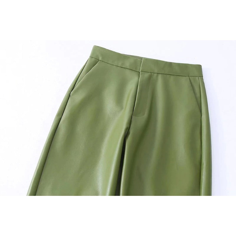 Vintage High Waist Green Faux Leather Flare Pants