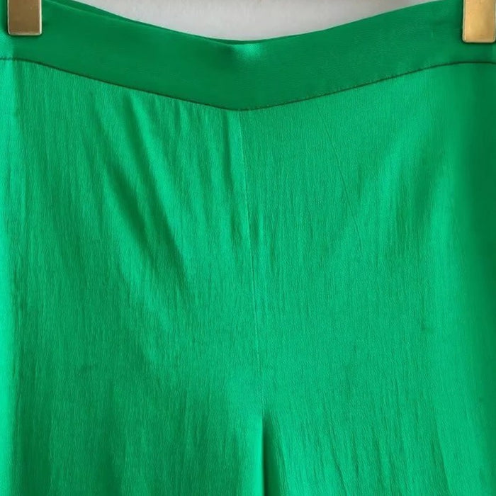 Stylish Green Flowing Satin Straight Pants For Women