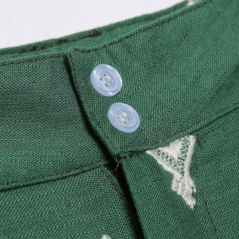 Fashion Green Contrast Embroidery Linen Wide Leg Pants