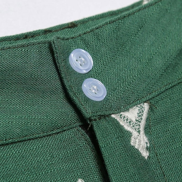 Fashion Green Contrast Embroidery Linen Wide Leg Pants