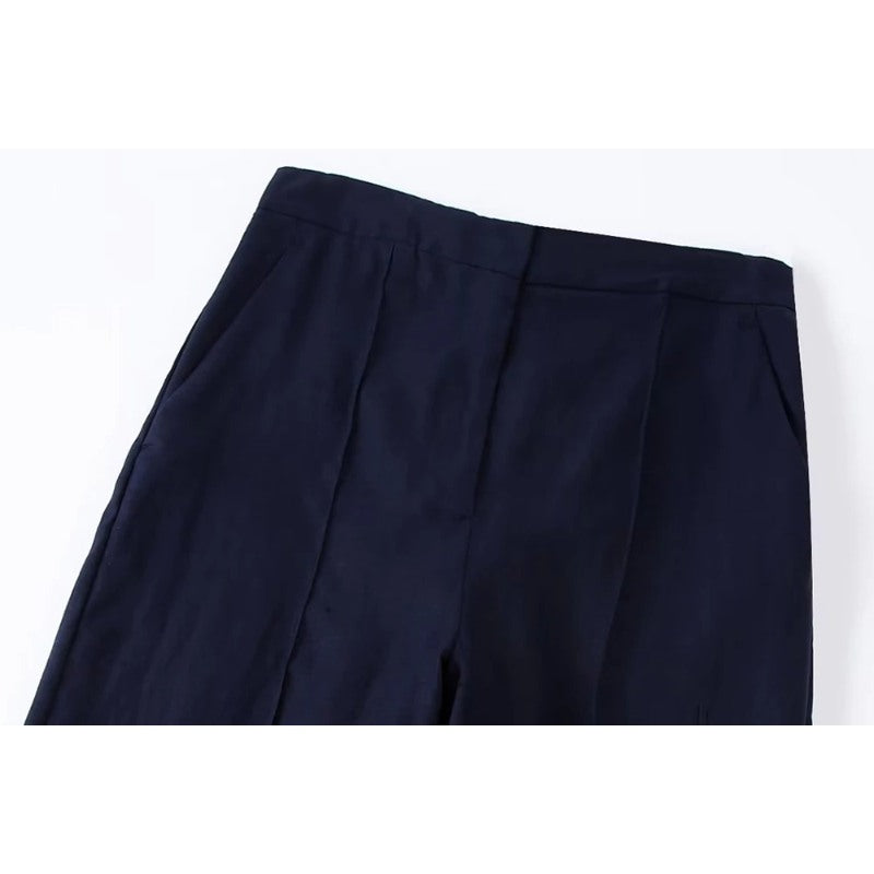 High Waist Navy Blue Zipper Fly Female Trousers