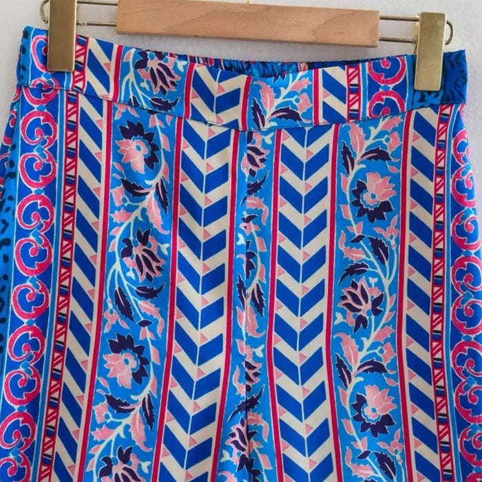 Blue Flowing Printed Wide Leg Pants