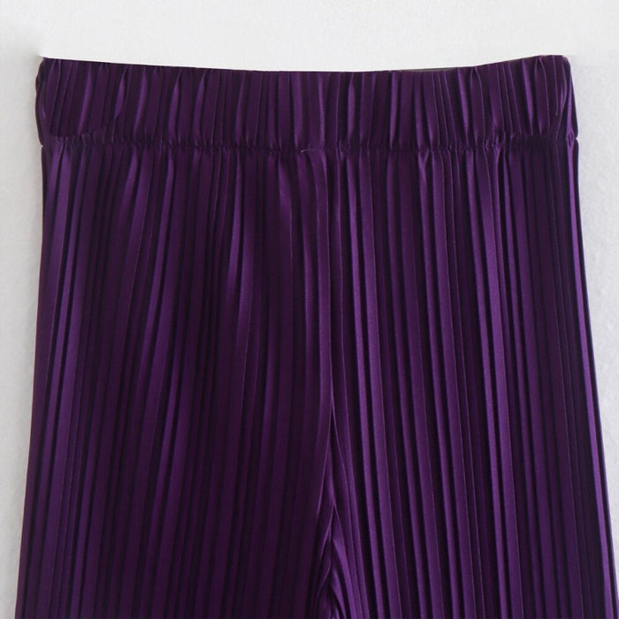 Purple Striped Pleated Flare Pants