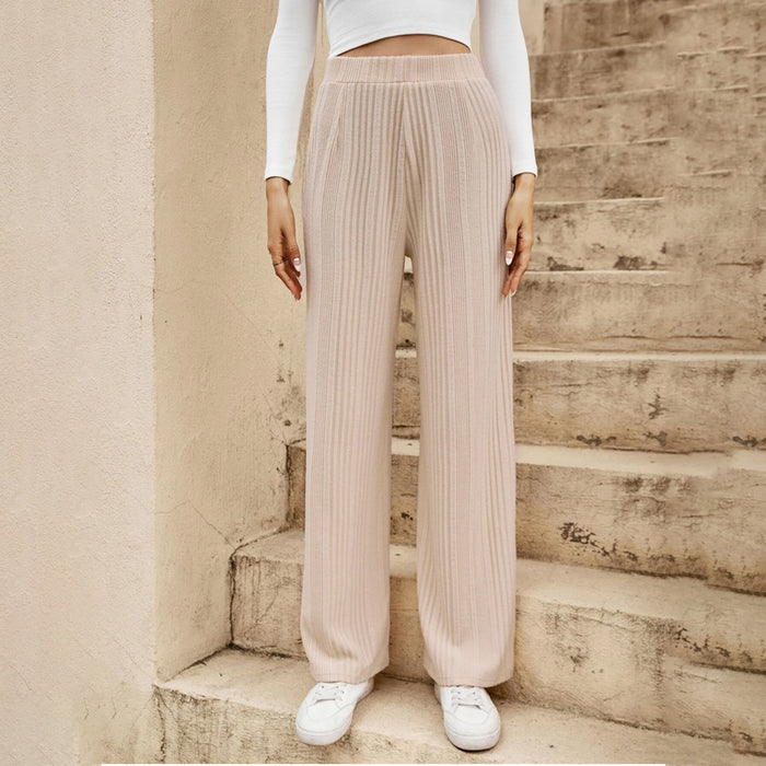 Solid Elastic Waist Ribbed Knit Pants