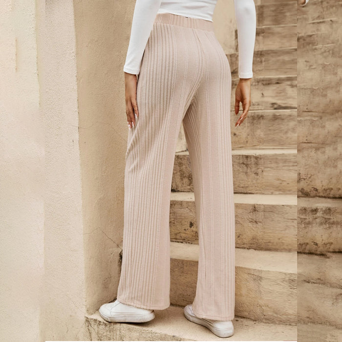 Solid Elastic Waist Ribbed Knit Pants