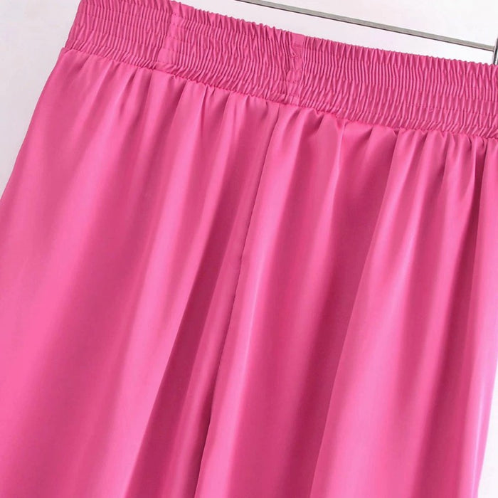 Stylish Pink Side Pockets Satin Slit Hem Pants