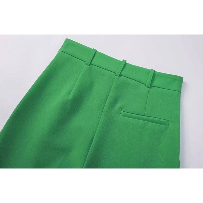 Stylish Green Front Darts Side Pockets Wide Leg Pants