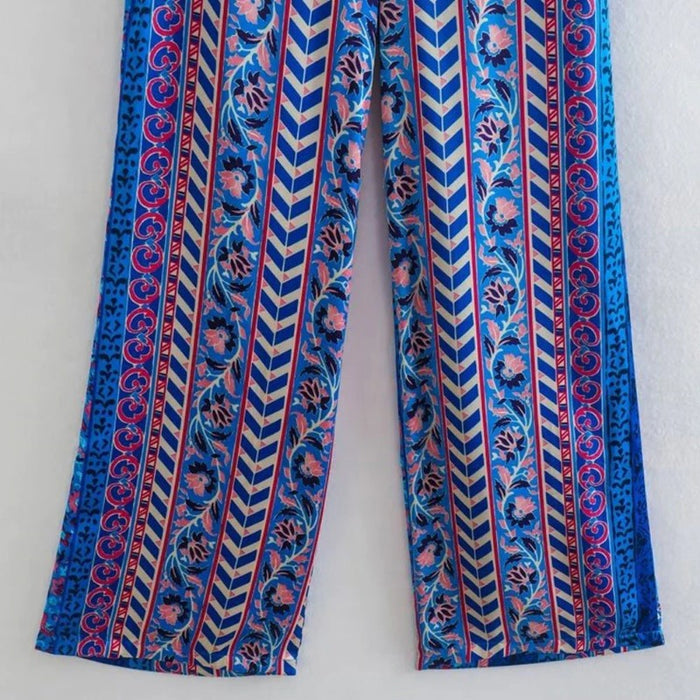 Blue Flowing Printed Wide Leg Pants