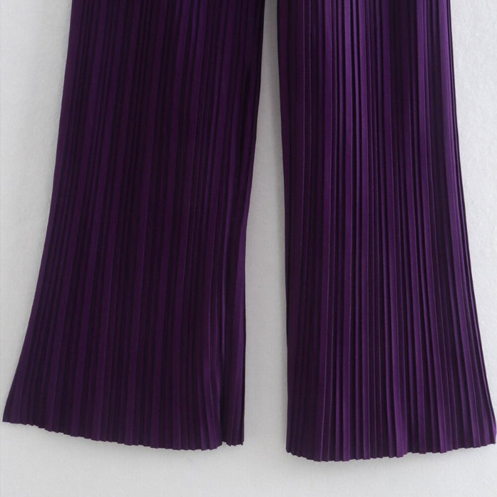 Purple Striped Pleated Flare Pants