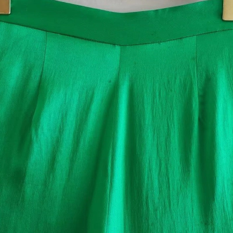 Stylish Green Flowing Satin Straight Pants For Women