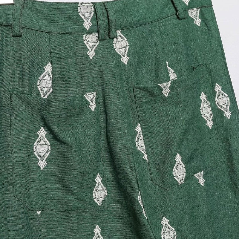 Fashion Green Contrast Embroidery Linen Wide Leg Pants