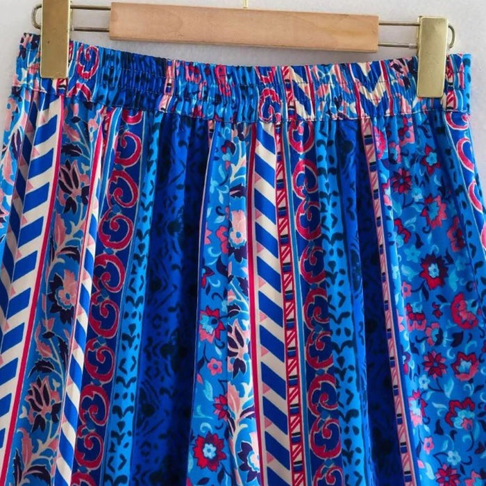 Blue Flowing Printed Wide Leg Pants