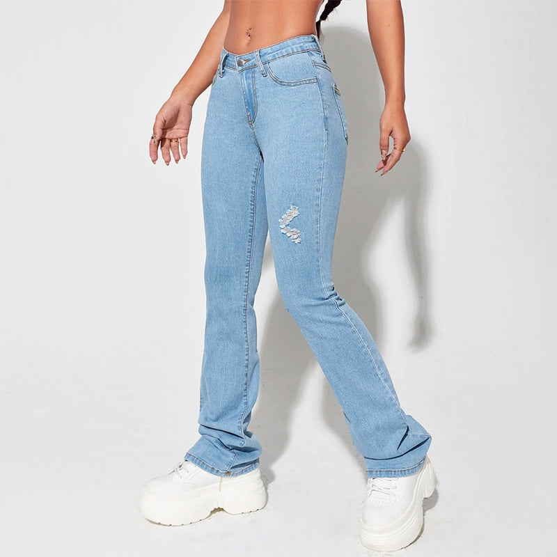 Solid Ripped Flare Leg Jeans