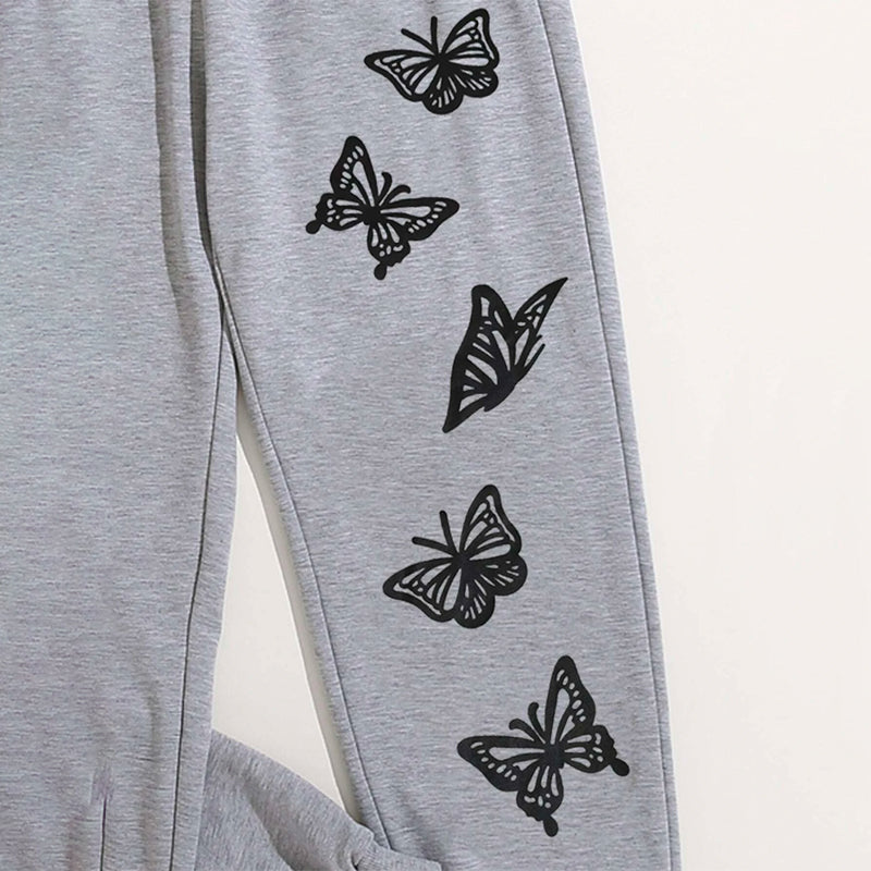 Butterfly Print Drawstring Waist Easy Wear Sweatpants
