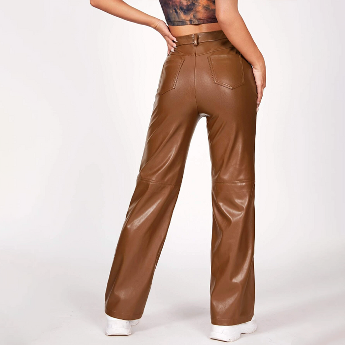 Solid PU Leather Straight Leg Pants