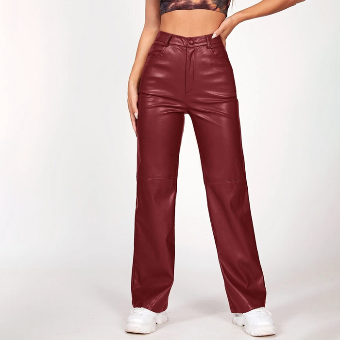 Solid PU Leather Straight Leg Pants