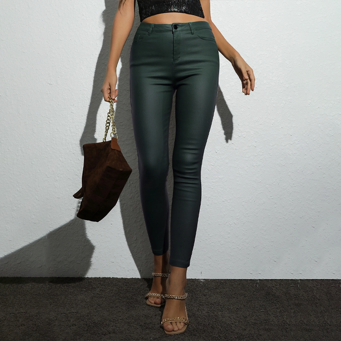 High Waist Thermal Lined PU Leather Skinny Cropped Pants