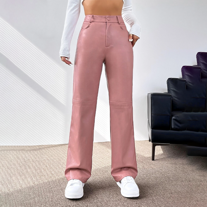 Solid PU Leather Straight Leg Pants