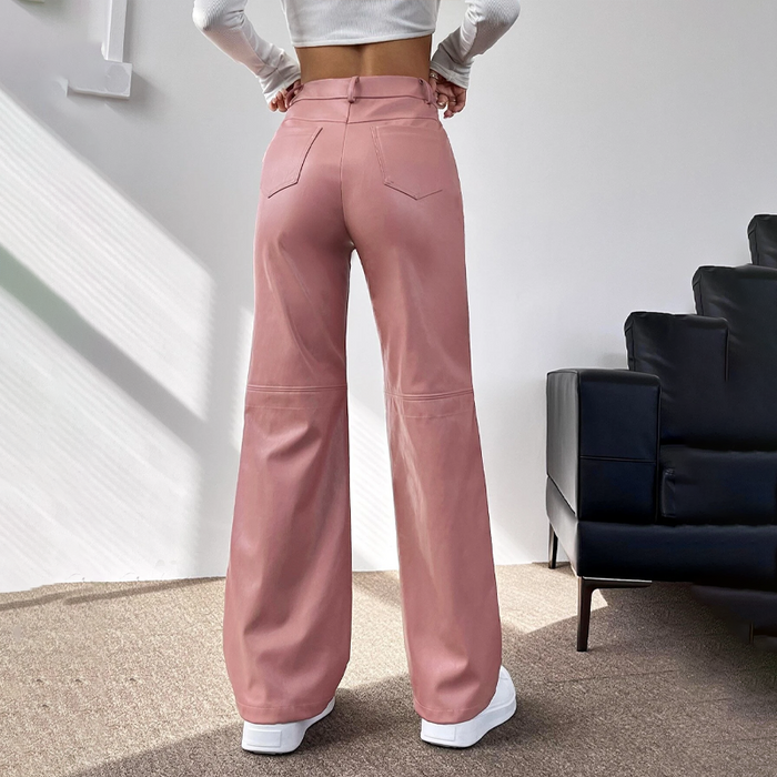 Solid PU Leather Straight Leg Pants