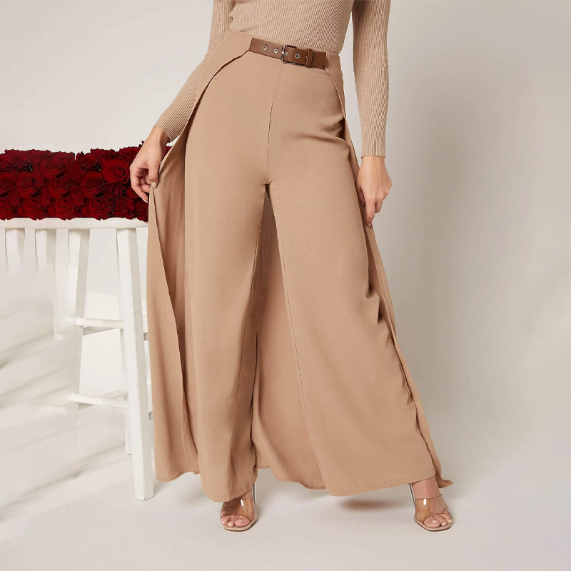 Wide Leg Belted Pants With Skirt