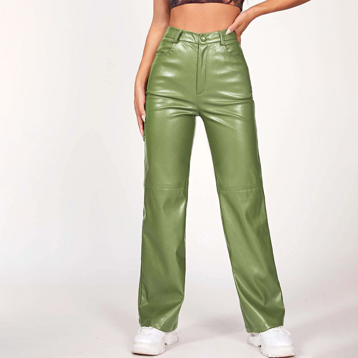 Solid PU Leather Straight Leg Pants