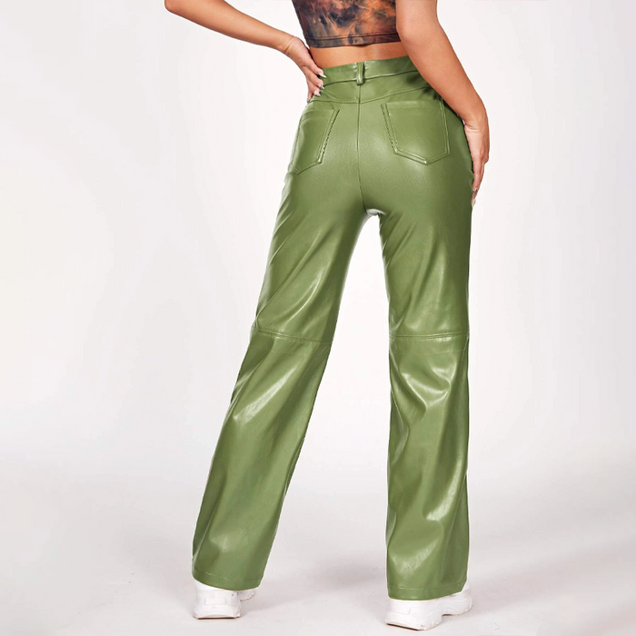 Solid PU Leather Straight Leg Pants