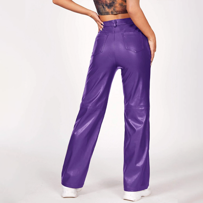 Solid PU Leather Straight Leg Pants