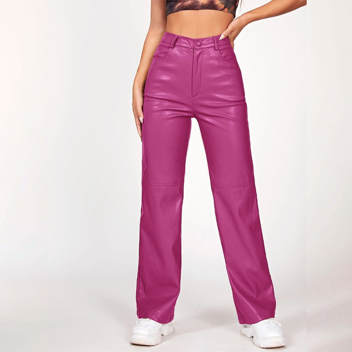 Solid PU Leather Straight Leg Pants