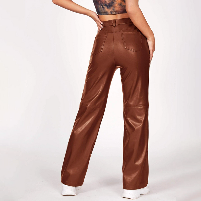 Solid PU Leather Straight Leg Pants