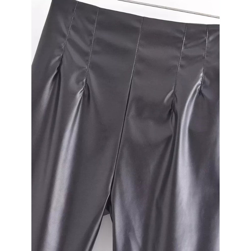 Vintage High Waist Solid Color Faux Leather Pants