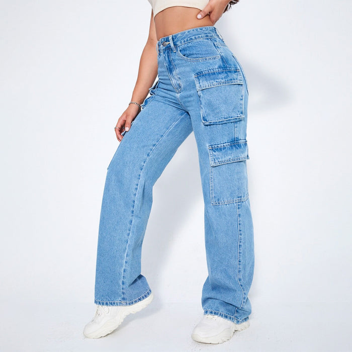 High Waist Button Front Side Cargo Jeans