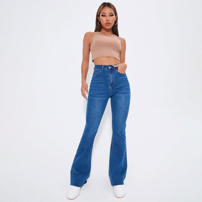 High Waist Patch Detail Raw Cut Flare Leg Jeans