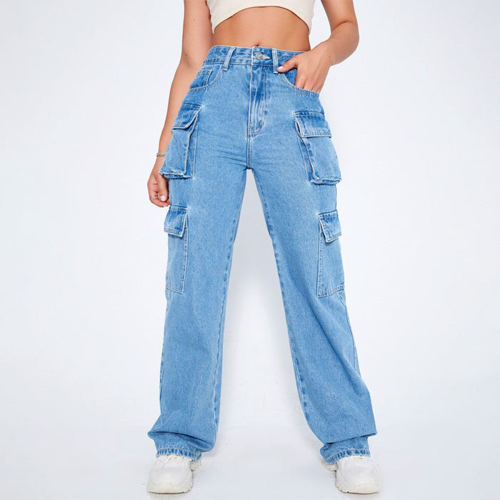 High Waist Button Front Side Cargo Jeans