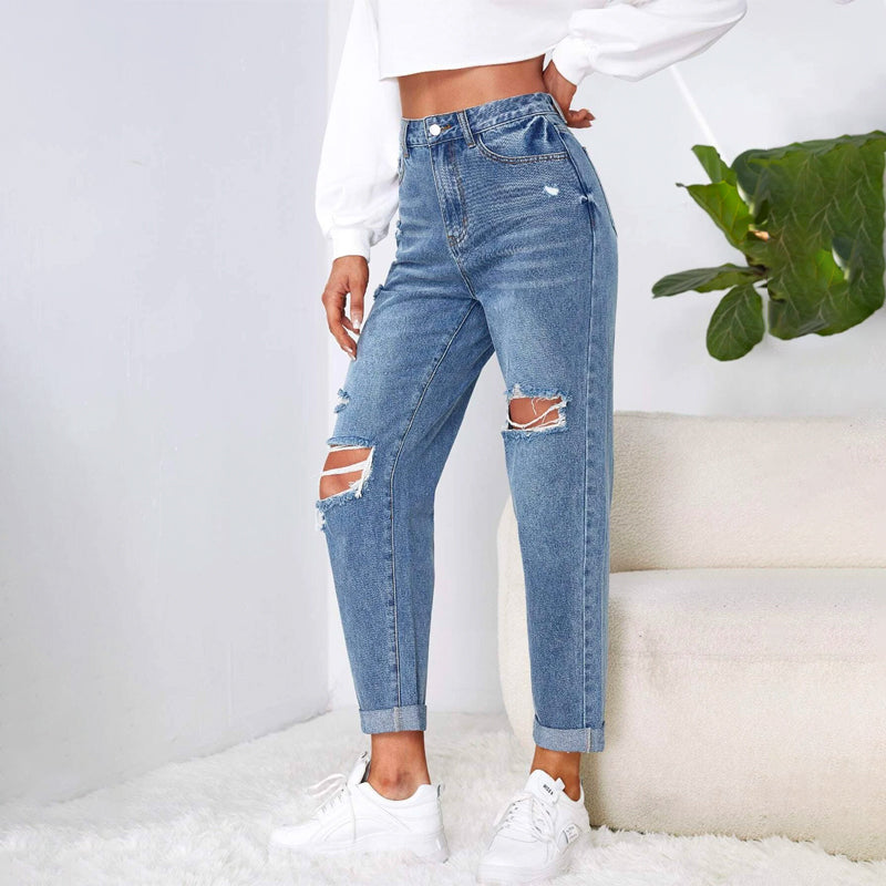 High Waist Ripped Mom Fitted Jeans