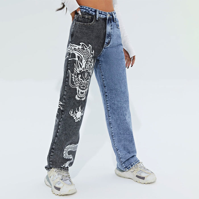 High Waist Block Dragon Print Jeans