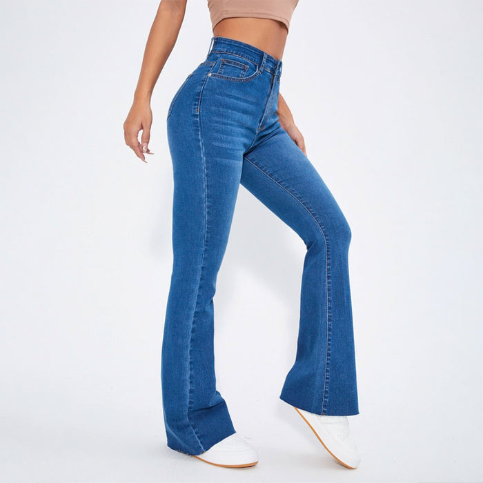 High Waist Patch Detail Raw Cut Flare Leg Jeans