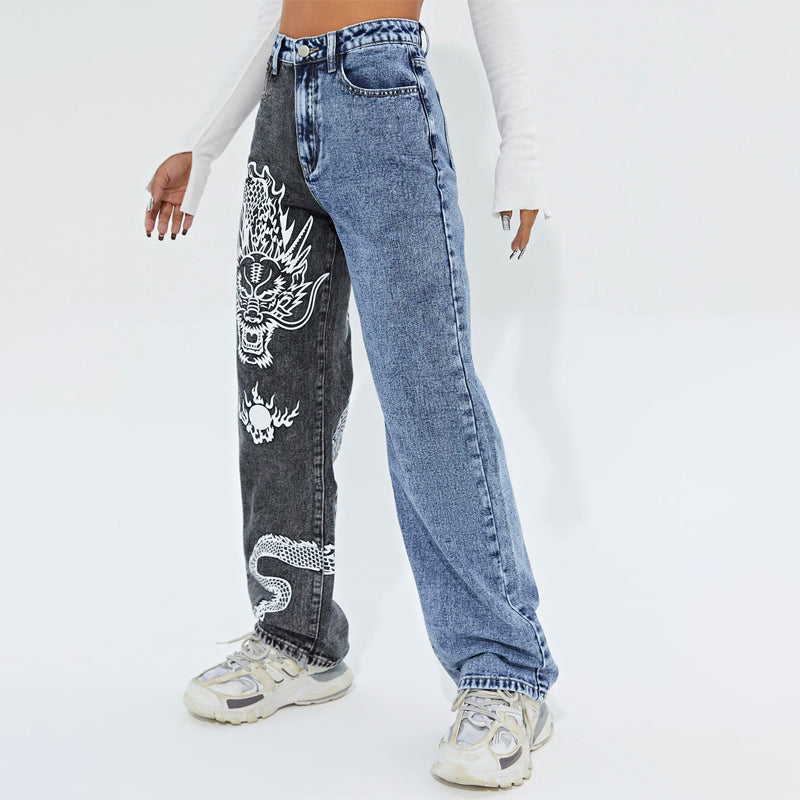 High Waist Block Dragon Print Jeans