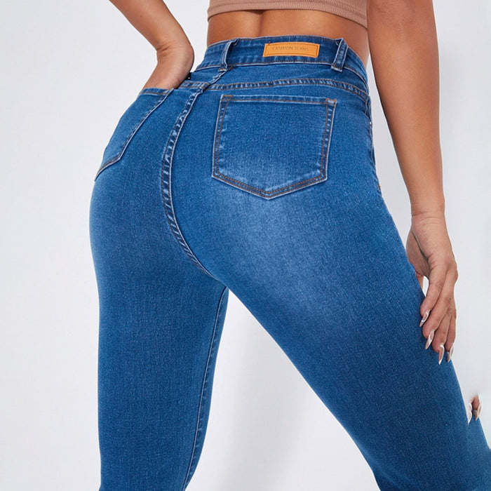 High Waist Patch Detail Raw Cut Flare Leg Jeans